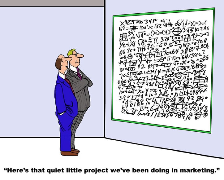 Cartoon of businessmen looking at whteboard covered in math formulas
