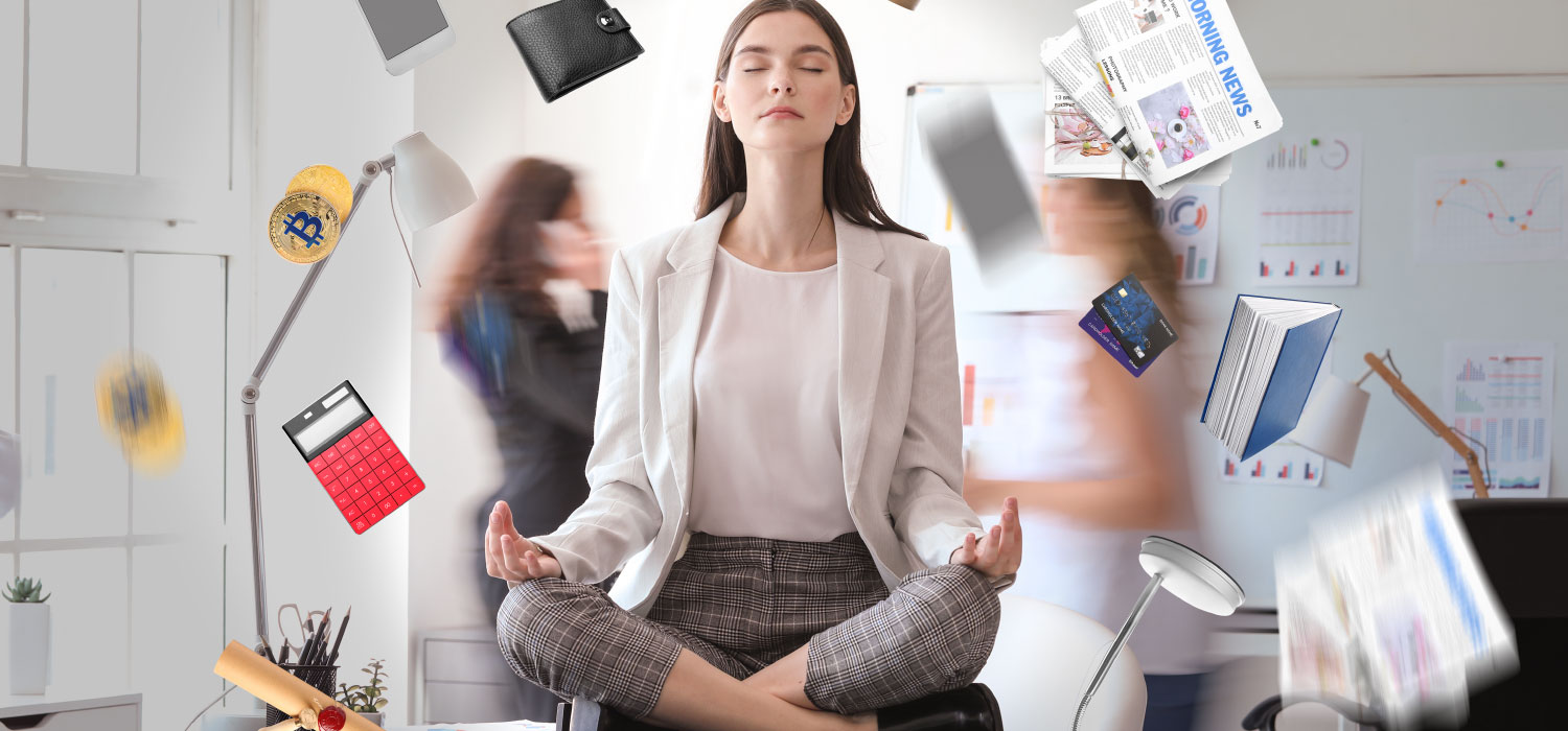 well-being in the workplace (Different things flying around young businesswoman meditating in office. Zen concept`)